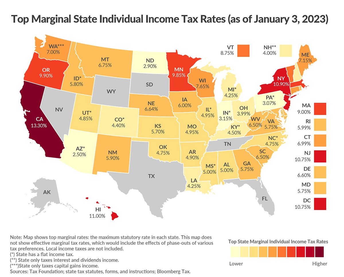 2023 State Individual Income Tax Rates  - State-by-State - Courtesy of Tax Foundation - @Taxfoundation